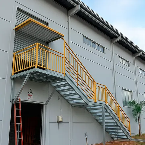 Escada metálica externa com corrimão