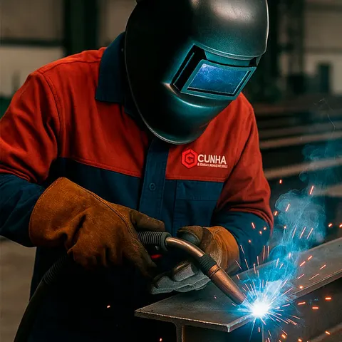 Soldador trabalhando numa peça metálica