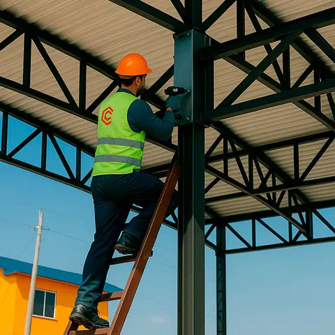 Profissional fazendo manutenção numa estrutura metálica